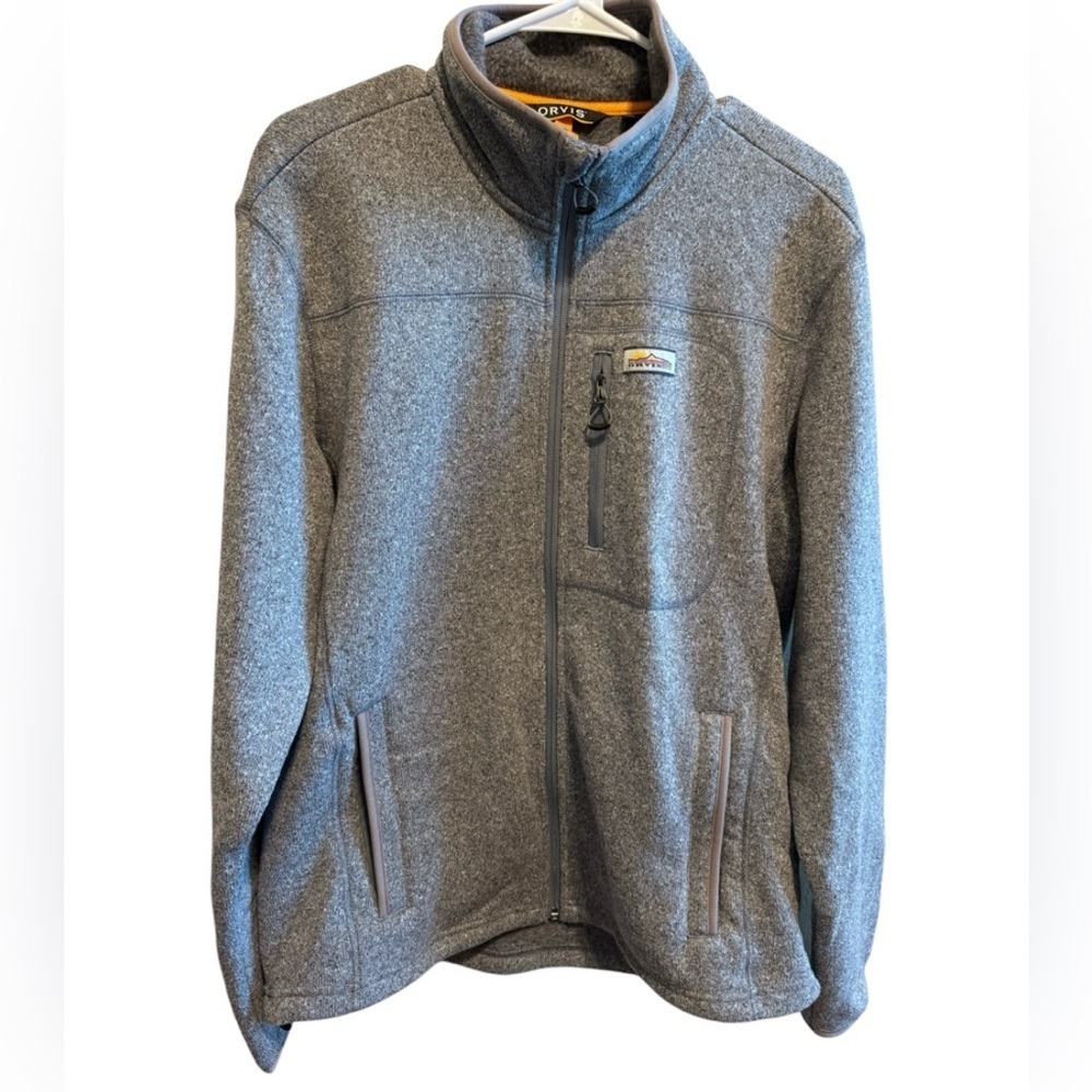 Orvis Grey Sweater Fleece Full Zipper Mens Jacket Zip Pockets Draw Cord Hem Sz M
